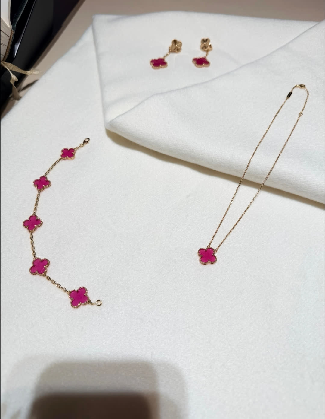 Van Cleef & Arpels Alhambra Pink Enamel Necklace and Earrings Set